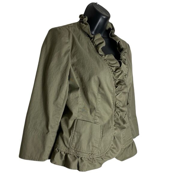 Talbots Blazer Jacket 2 Petite Ruffle Neck Twill Preppy Office Siren Olive Green - Picture 1 of 14